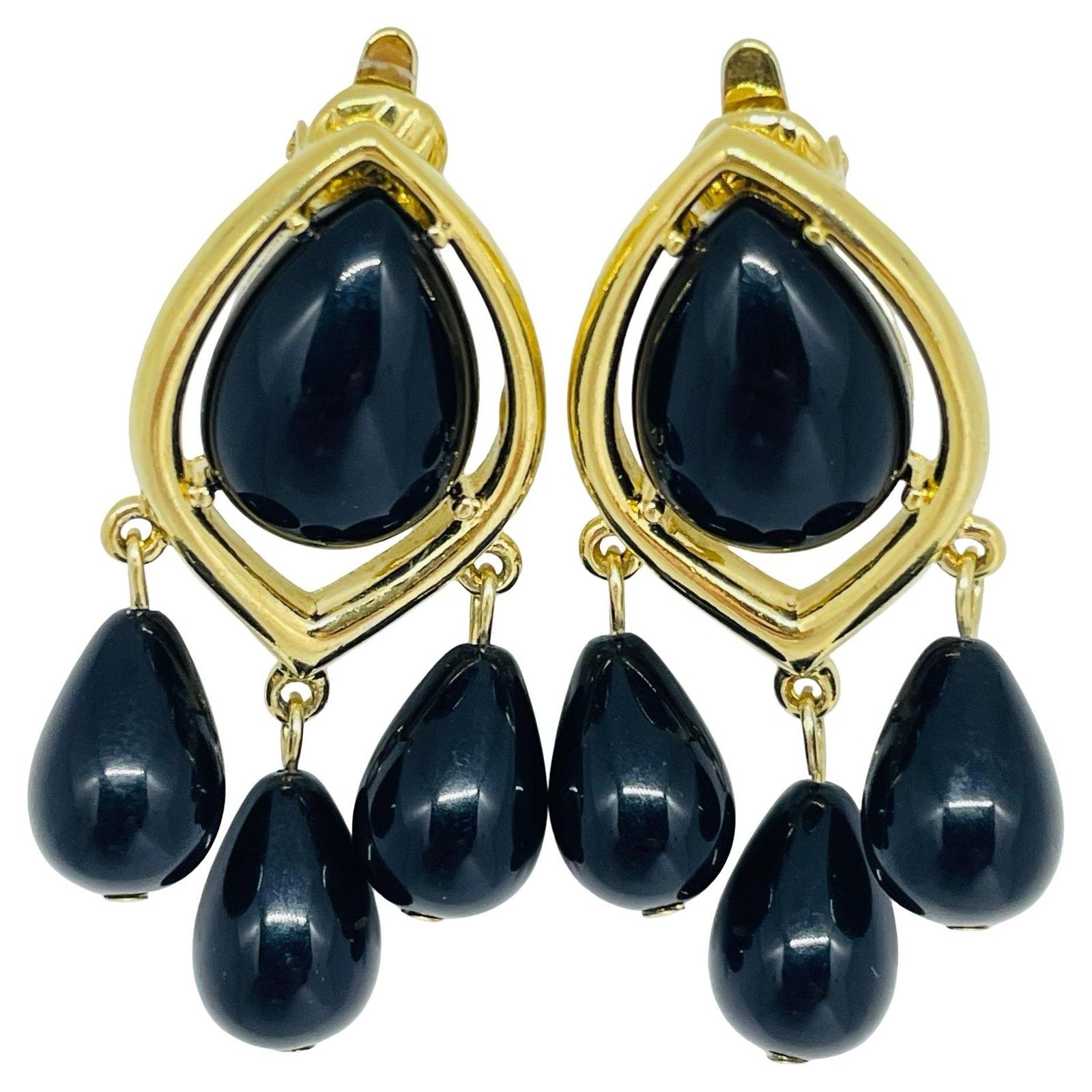 Trifari Signed Vintage Gold Tone Blue Black Lucite Drop Clip On Earrings